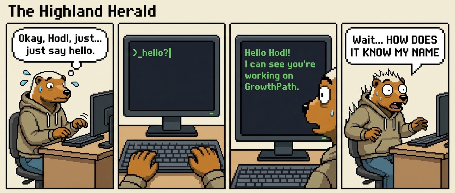 4-panel comic: Panel 1 - Hodl the honey badger sits nervously at computer, sweating. Panel 2 - Types 'hello?' tentatively. Panel 3 - Claude responds 'I've been waiting for you, Hodl.' Panel 4 - Hodl's shocked face: 'HOW DOES IT KNOW MY NAME?!'