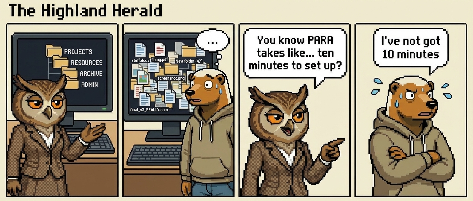 4-panel comic: Panel 1 - Flora's desktop shown: pristine, colour-coded folders, perfect hierarchy. Panel 2 - Hodl's desktop revealed: utter chaos. Panel 3 - Close-up of files named 'stuff.docx', 'thing.pdf', 'asdfgh.xlsx', 'New folder (47)'. Panel 4 - Flora: 'PARA takes ten minutes to set up.' Hodl: 'I've not got 10 minutes.'