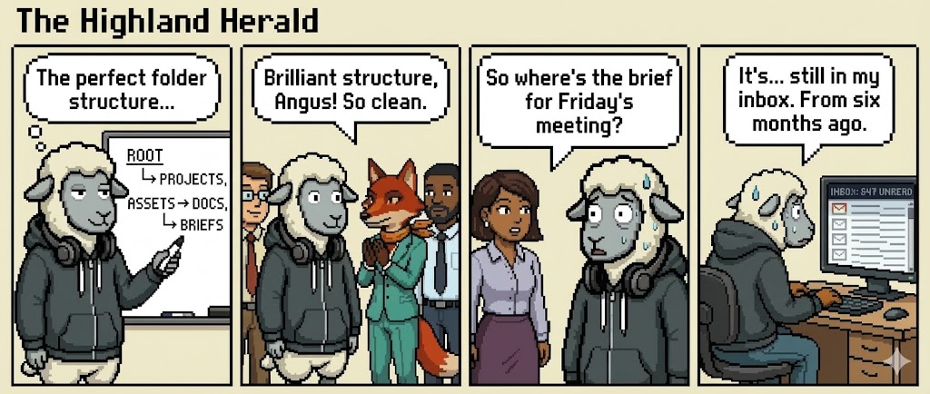 4-panel comic: Panel 1 - Angus the sheep presents beautiful folder architecture diagram on whiteboard. Panel 2 - Colleagues nodding appreciatively, impressed. Panel 3 - Someone asks: 'Brilliant! Where's the brief for Friday?' Panel 4 - Angus sweating: 'It's... still in my inbox. From three weeks ago.'