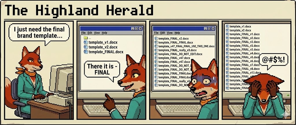 4-panel comic: Panel 1 - Isla the fox confidently says 'I just need to grab the latest template...' Panel 2 - Opens folder, sees list of files. Panel 3 - Files shown: template_v1, template_v2... scrolling... Panel 4 - 'template_v47_FINAL_FINAL_USE_THIS_ONE_ACTUALLY.docx' - Isla: '@#$%!'