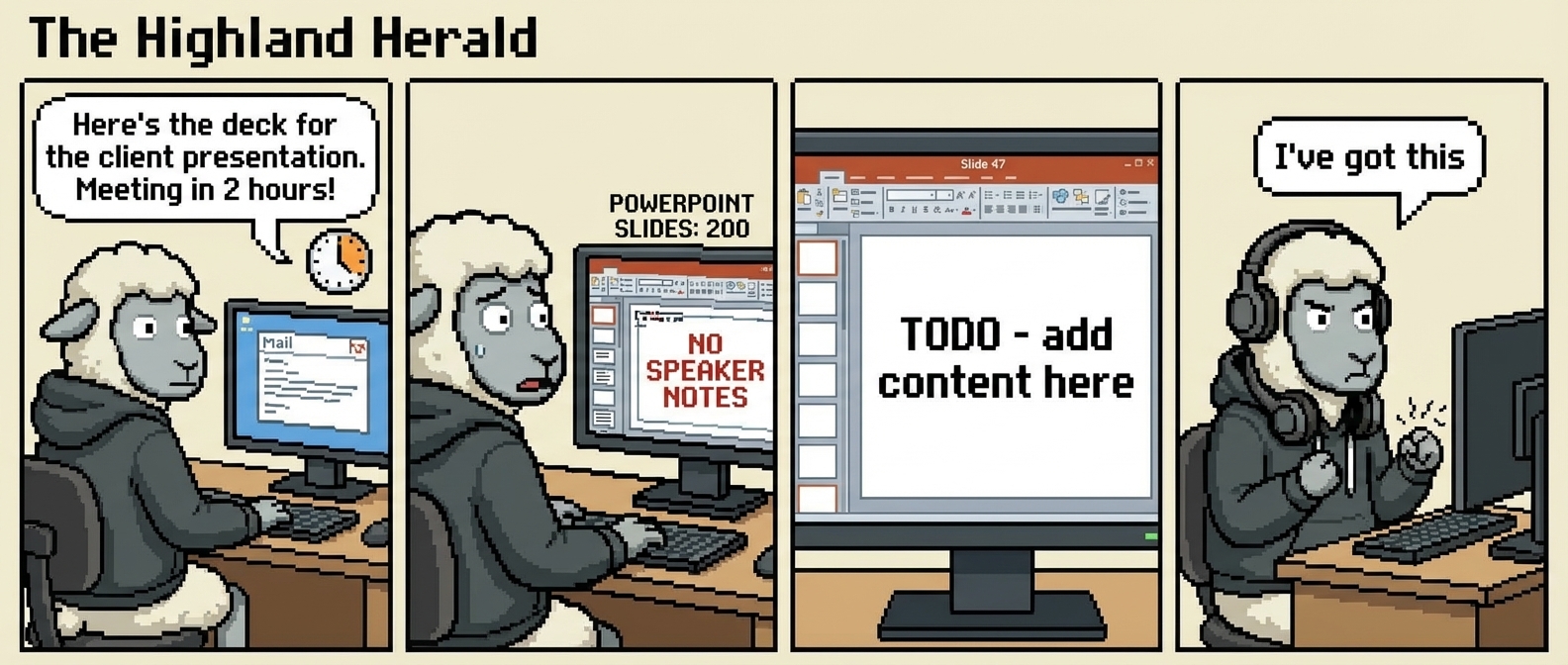 4-panel comic: Panel 1 - Angus receives email: 'Here's the deck for the client presentation. Meeting in 2 hours!' Panel 2 - Opens PowerPoint showing '200 slides' and 'No speaker notes'. Panel 3 - Slide 47 visible: 'TODO - add content here'. Panel 4 - Angus, hollow-eyed: 'I've got this.'