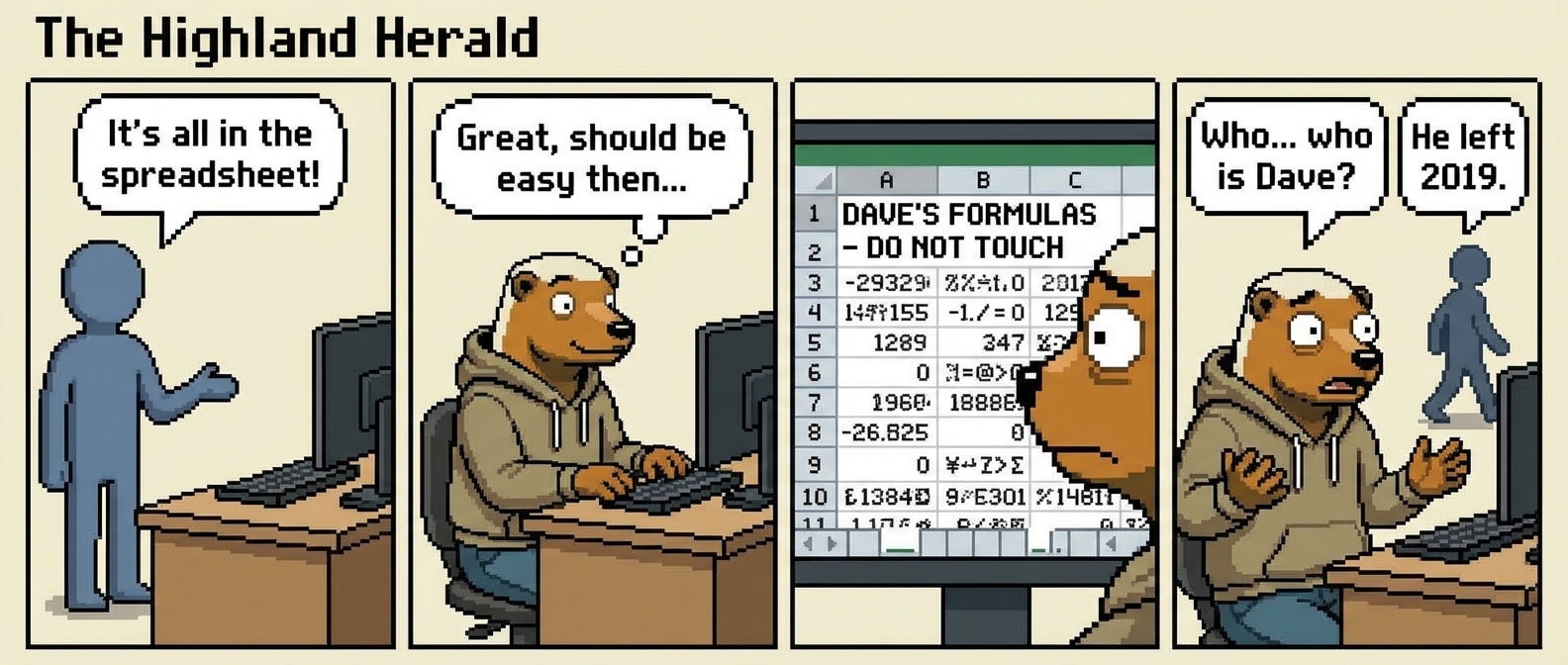 4-panel comic: Panel 1 - Colleague confidently: 'It's all in the spreadsheet!' Panel 2 - Hodl opens spreadsheet hopefully. Panel 3 - 47 tabs at bottom with no labels. Cell A1 says 'DAVE'S FORMULAS - DO NOT TOUCH'. Panel 4 - Hodl: 'Who... who is Dave?' Colleague walking away: 'He left in 2019.'