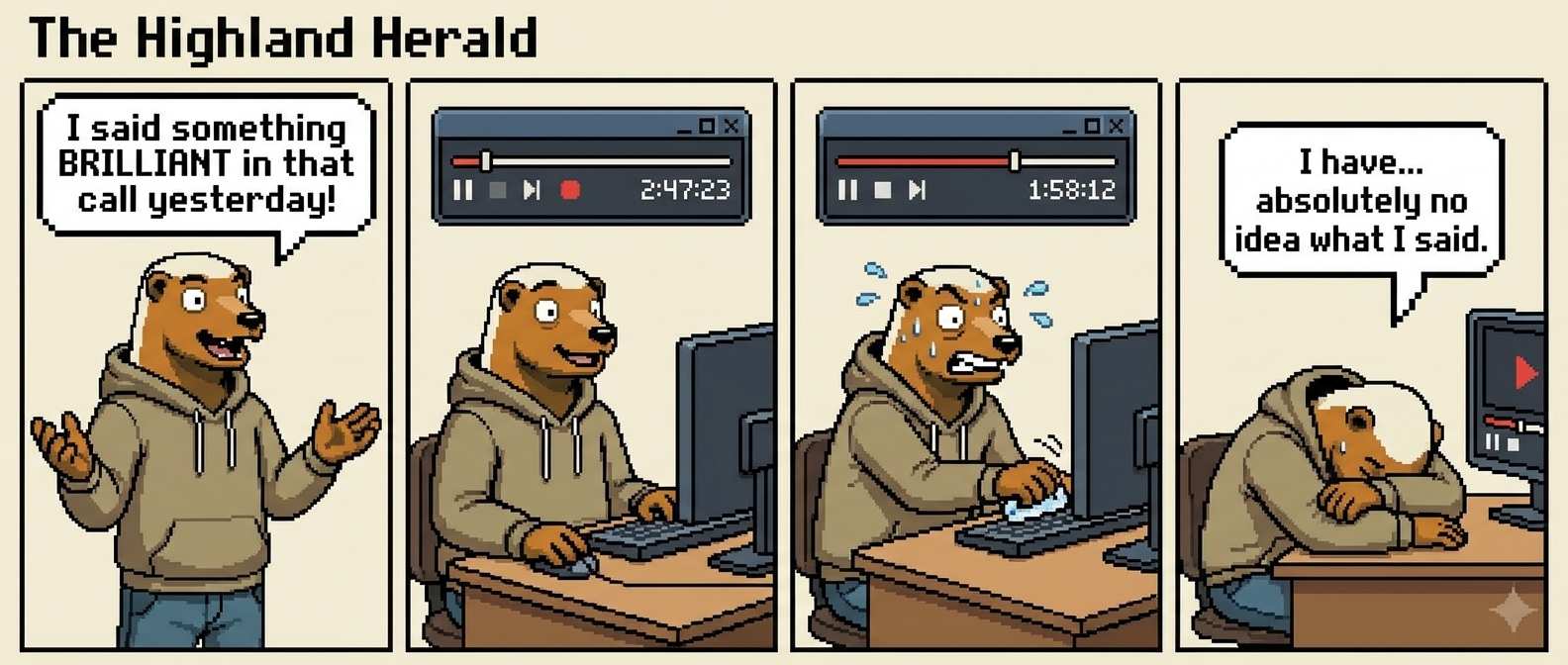 4-panel comic: Panel 1 - Hodl looking pleased: 'I said something BRILLIANT in that call yesterday!' Panel 2 - Opens recording showing '2:47:32' duration. Smile fading. Panel 3 - Hodl frantically scrolling through timeline, increasingly desperate, sweat drops. Panel 4 - Hodl defeated: 'I have... absolutely no idea what I said.'