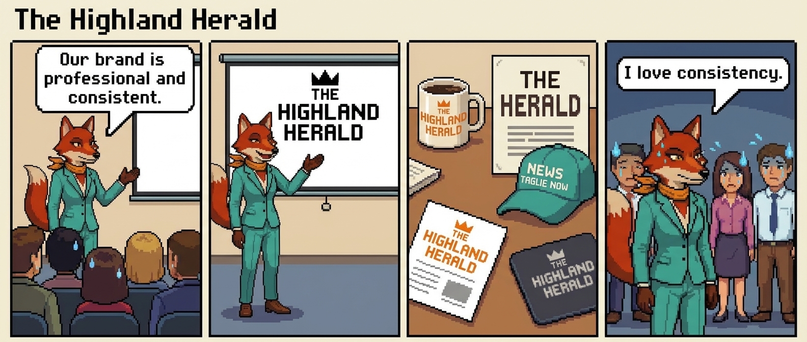 4-panel comic: Panel 1 - Isla presenting confidently: 'Our brand is professional and consistent.' Panel 2 - Behind her, presentation shows the company logo looking proper. Panel 3 - Cut to reality: 5 different logo versions - different oranges, different fonts, one badly stretched. Panel 4 - Isla: 'I love consistency.' Team sweating nervously.