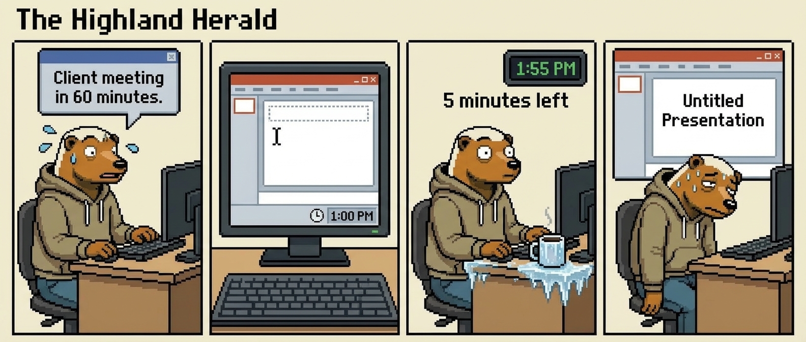4-panel comic: Panel 1 - Calendar notification: 'Client meeting in 60 minutes!' Hodl looks alarmed. Panel 2 - Hodl's screen shows blank PowerPoint, Slide 1, title placeholder blinking. Panel 3 - Coffee cup getting cold. Timer shows '5 minutes left'. Cursor still blinking. Panel 4 - Hodl finally types 'Untitled Presentation' and stares at it with dead eyes.