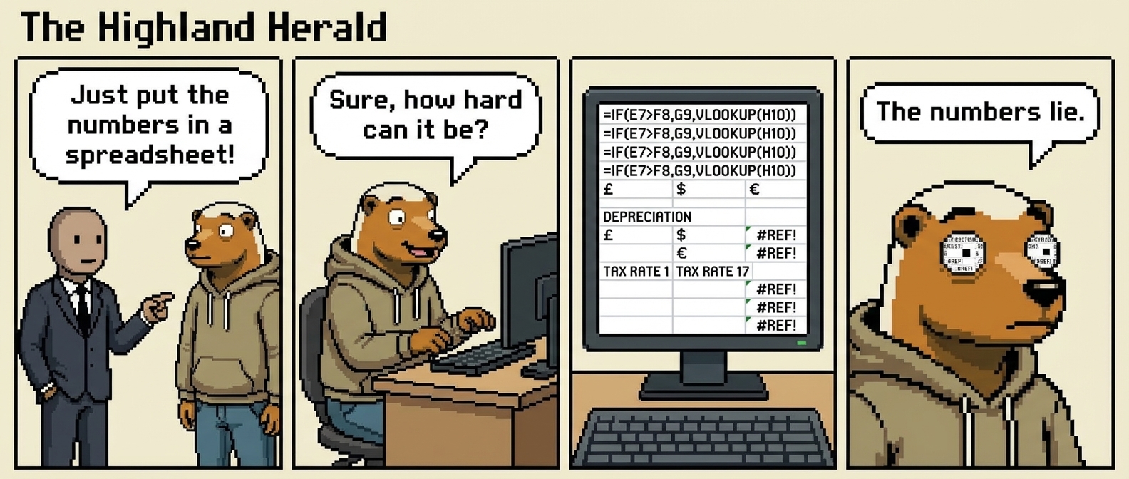 4-panel comic: Panel 1 - Boss figure casually: 'Just put the numbers in a spreadsheet!' waving dismissively. Panel 2 - Hodl optimistic: 'Sure, how hard can it be?' Panel 3 - Screen shows nested formulas, currency symbols, depreciation tables, '17 TAX RATES' visible. Panel 4 - Hodl with thousand-yard stare: 'The numbers lie.'