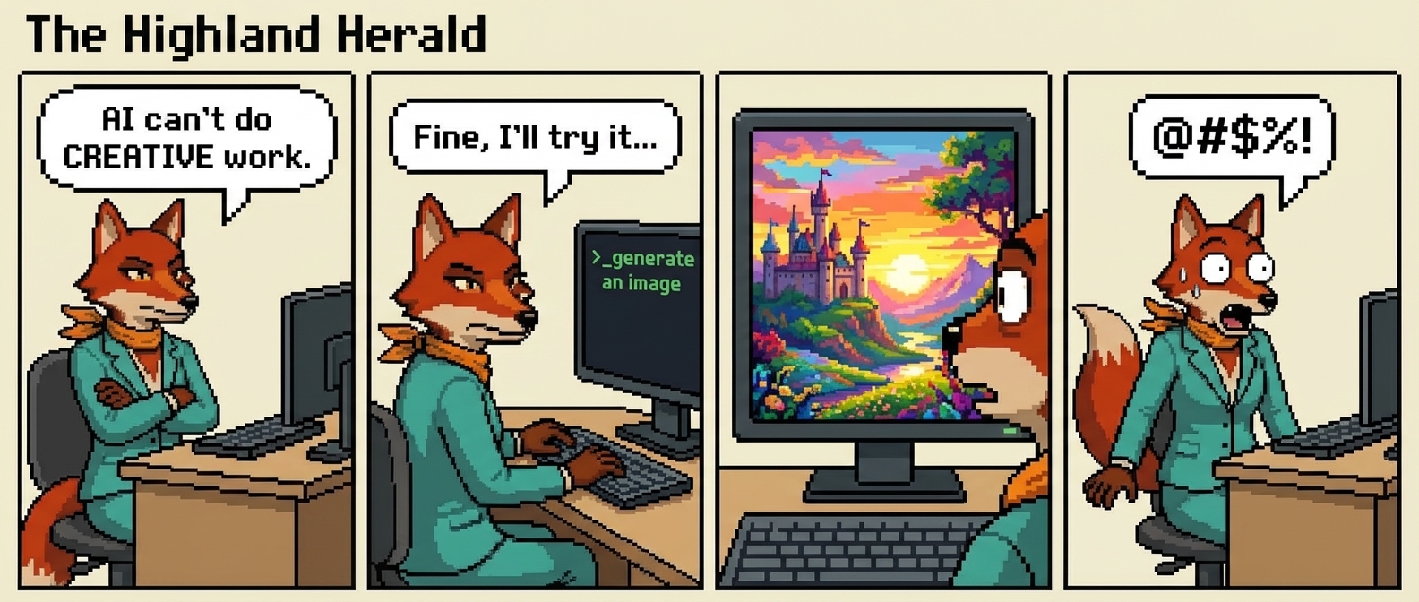 4-panel comic: Panel 1 - Isla sceptical, arms crossed: 'AI can't do CREATIVE work.' Panel 2 - Isla typing at computer, hitting enter with doubtful expression. Panel 3 - Screen shows amazing generated image appearing, Isla's eyes going wide. Panel 4 - Isla, jaw dropped: '@#$%!'