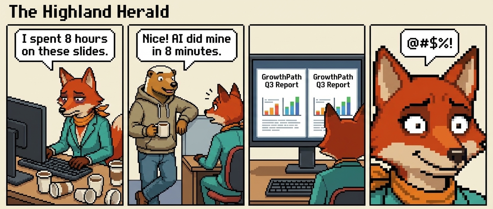 4-panel comic: Panel 1 - Isla looking exhausted, bags under eyes: 'I spent 8 hours on these slides.' Panel 2 - Colleague casually: 'Nice! AI did mine in 8 minutes.' Panel 3 - Two presentations shown side by side - they look identical in quality. Panel 4 - Close-up of Isla's face: '@#$%!'