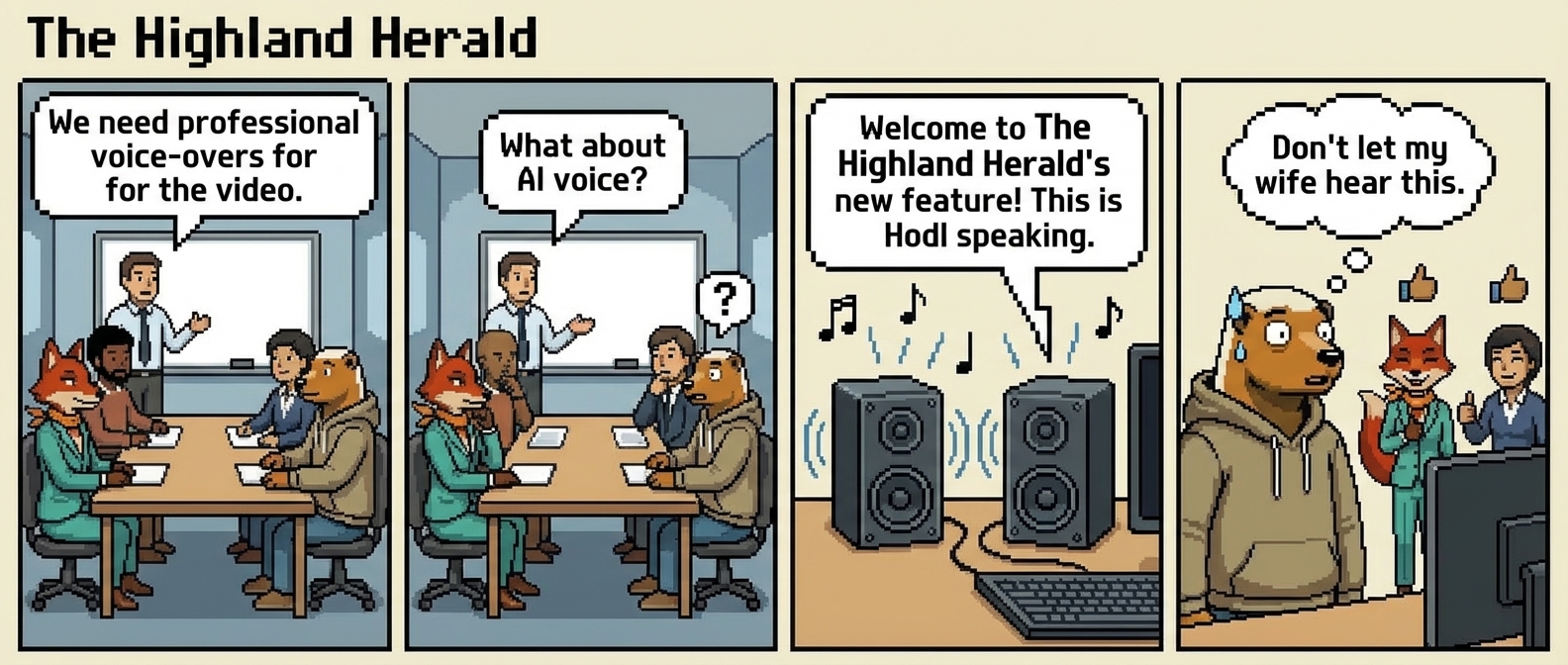 4-panel comic: Panel 1 - Team meeting, someone says: 'We need professional voice-overs for the video.' Panel 2 - Another suggests: 'What about AI voice?' Everyone considering. Panel 3 - Playing audio sample, sound waves visible, smooth and professional. Hodl listening intently. Panel 4 - Hodl confused and amazed: 'Don't let my wife hear this.' Others nodding.