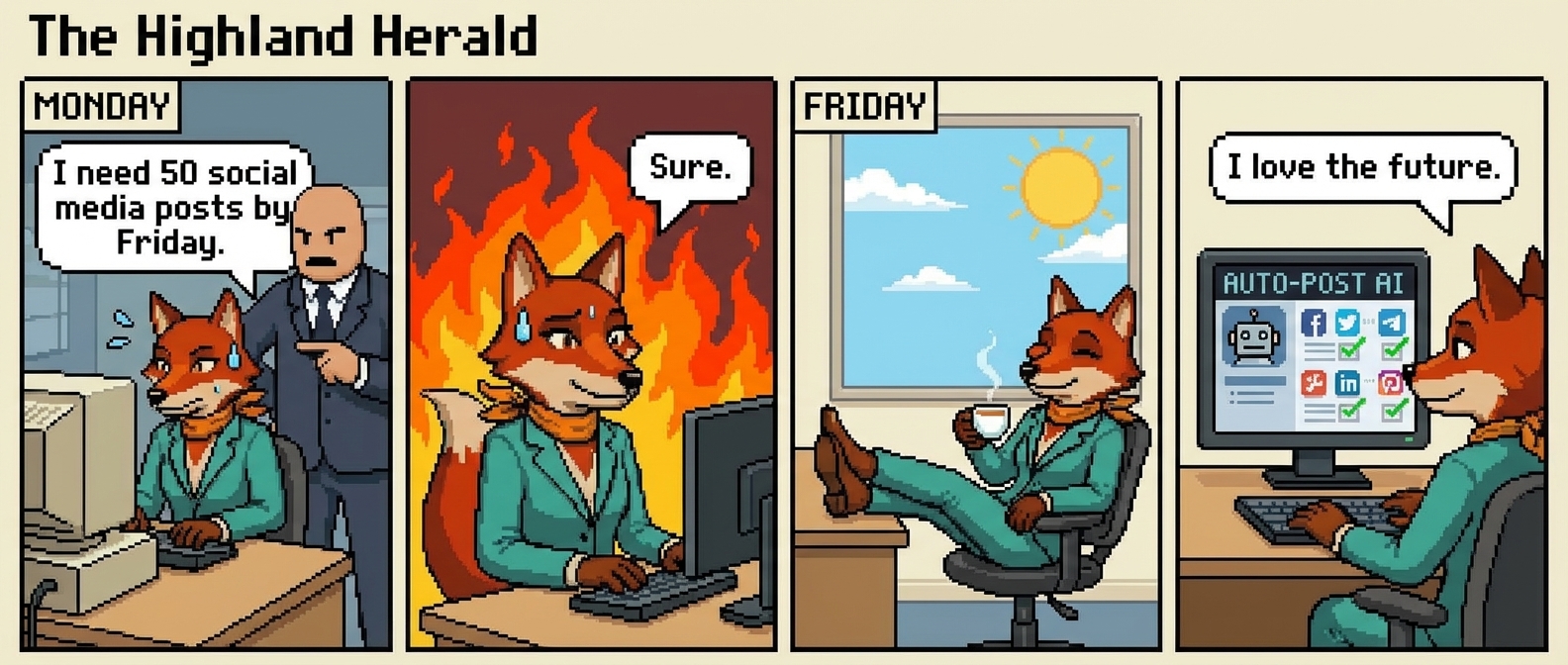 4-panel comic: Panel 1 - Monday. Boss says: 'I need 50 social media posts by Friday.' Panel 2 - Isla externally calm: 'Sure.' But thought bubble shows flames and panic inside. Panel 3 - Friday. Isla relaxed, sipping tea, feet up on desk, peaceful smile. Panel 4 - Background shows AI tool churning out posts. Isla content: 'I love the future.'
